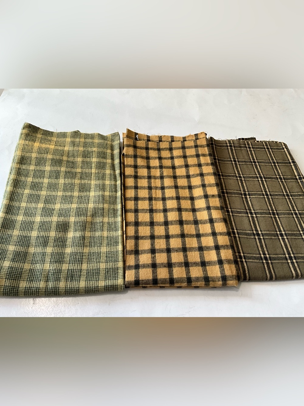 Lot of 3 Fat Quarters Check/Plaid Pieces Flannel/Fleece Green Tan Brown Green